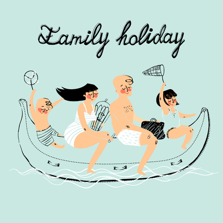 Family travel, vector illustration. Man, woman, boy and girl riding on banana boatのイラスト素材