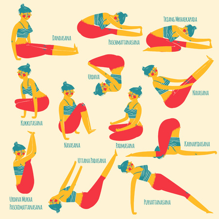 Set with cartoon woman exercising various different yoga poses trainingのイラスト素材