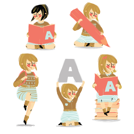 set of school girl with book, pencil, alphabet, backpackのイラスト素材
