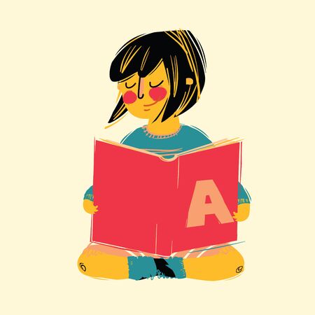 illustration of cute girl reading a book on yellow backgroundのイラスト素材