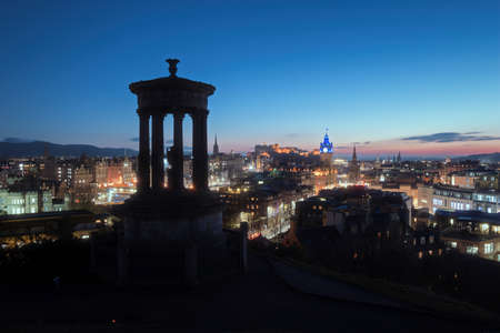 Top view of Edinburgh city centre in blue hour. Edinburgh, Scotland, United Kingdom