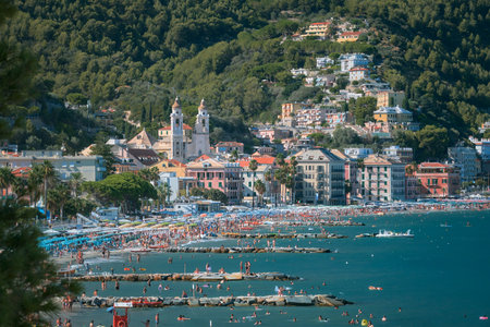 LAIGUEGLIA, ITALY AUGUST 20, 2022. Beach in historical Laigueglia resort town on italian Riviera on a summers day. Laigueglia, Liguria, Italyのeditorial素材