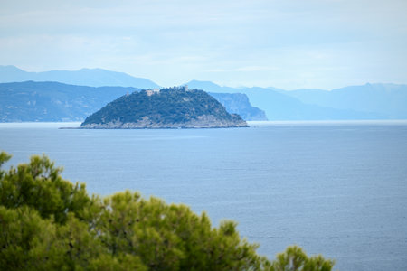View of the Italian Riviera island on a summer day. Italian Riviera, Liguria, Italyの写真素材