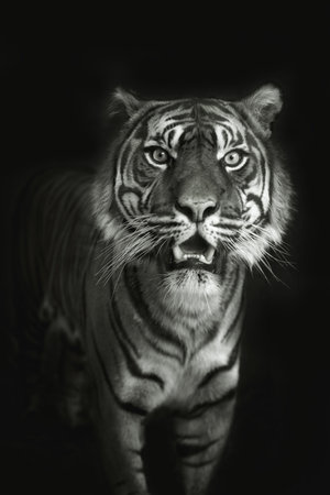 Black and white portrait of a tiger walking straight and looking at camera across a black backgroundの写真素材