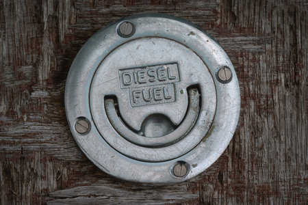 Chromeplated cap of the fuel tank of an old boat labeled Diesel Fuel. Isle of Lewis, Scotlandの写真素材
