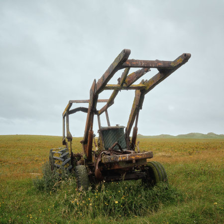 Old style farm tractor sitting on a green grass field. Isle of North Uist, Scotlandの写真素材