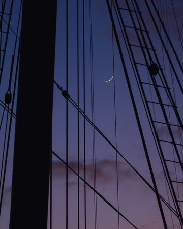 The rigging of an old sailing ship and the moon. Glenlee, steel-hulled three-masted barque. The Tall Ship at Glasgow Harbourの写真素材