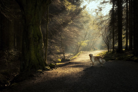 A golden retriever stands on a forest path in Beecraigs Country Park, West Lothian, Scotland. Early morning sunlight filters through the trees, creating a peaceful autumn atmosphere.の写真素材