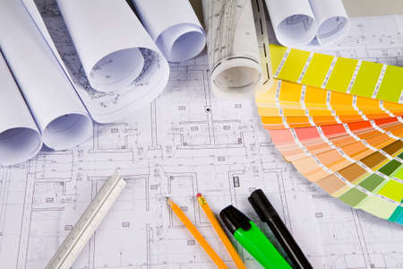 Architectural drawing, colors sample, office stuffの写真素材