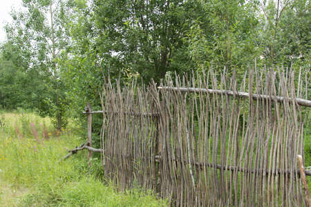 Fragment of wicker fence made of willow twigsの写真素材