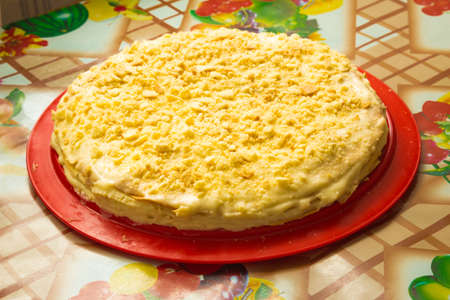 Layer cake in the pan on the tableの写真素材