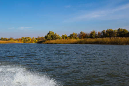 River Landscape of the river Volga,  from the stern of the boat motorの写真素材