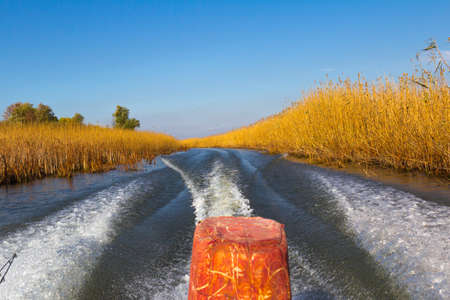 River Landscape of the river Volga,  from the stern of the boat motorの写真素材