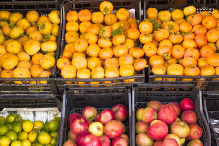 Fruit laid out on the boxes and put up for saleの写真素材