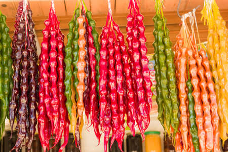 Churchkhela is strung on a thread nuts flour to thicken grape juiceの写真素材