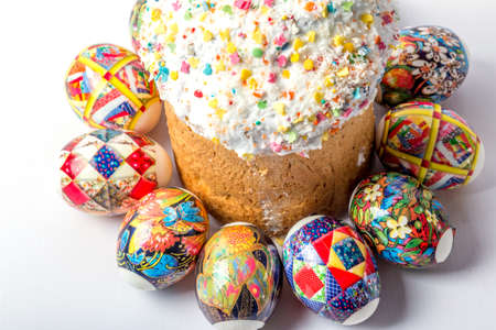 Easter cake and painted in different colors Easter eggs