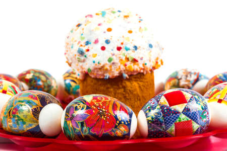 Easter cake and painted in different colors Easter eggs