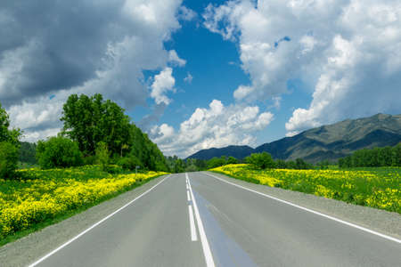 Republic of Altai Mountains paved road called Chuiski stretches to the Mongolian borderの写真素材