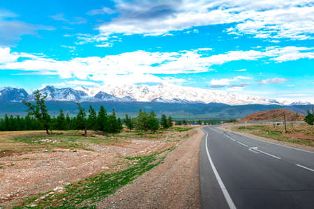 Republic of Altai Mountains paved road called Chuiski stretches to the Mongolian borderの写真素材