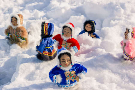 Souvenirs made of reindeer fur on striped backgroundの写真素材