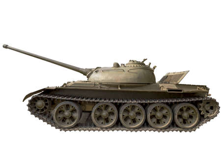 Reinforced self-propelled vehicle on tracks with powerful weapons on a white backgroundの写真素材