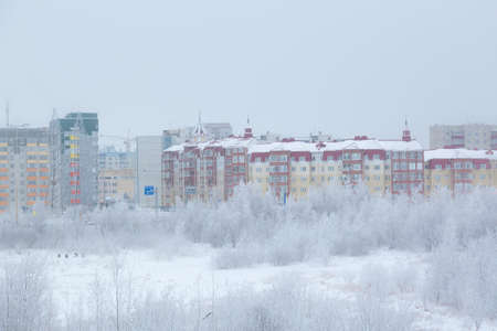 Landscape of a provincial Siberian town on a winter frosty dayの写真素材