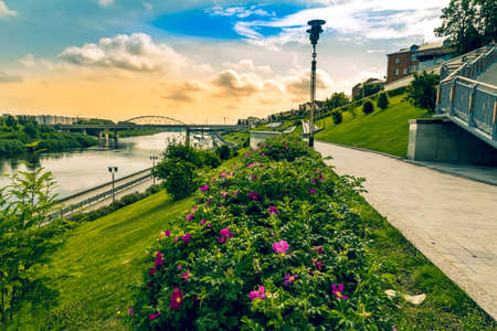 Early morning on the city waterfront newly built