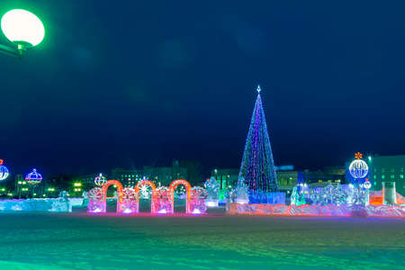 The town is made of transparent thick ice brought and drunk from a frozen river to Christmasの写真素材