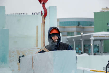 Portrait of a worker engaged in arranging an ice townの写真素材