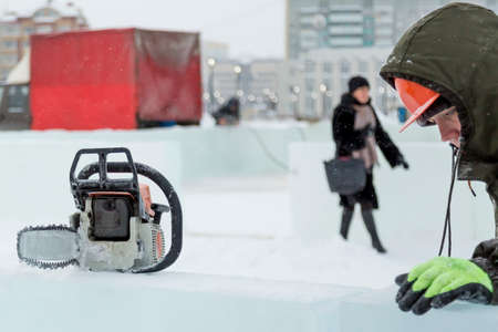 Portrait of a worker leveling an ice plateの写真素材