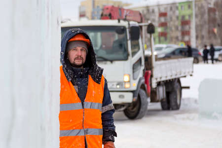 Portrait of a worker engaged in arranging an ice townの写真素材