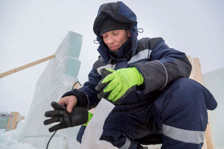 Portrait of a worker engaged in arranging an ice townの写真素材