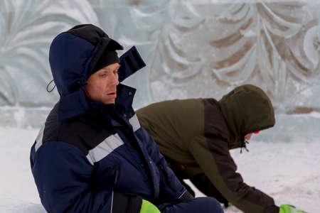 Portrait of a worker engaged in arranging an ice townの写真素材