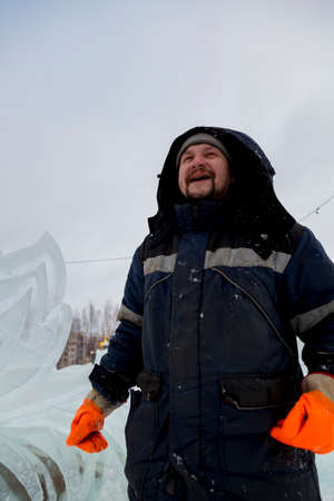 Portrait of a worker engaged in arranging an ice townの写真素材