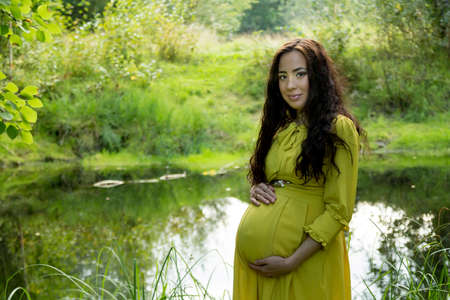 Portrait of a pregnant woman in a yellow dress in the autumn forestの写真素材