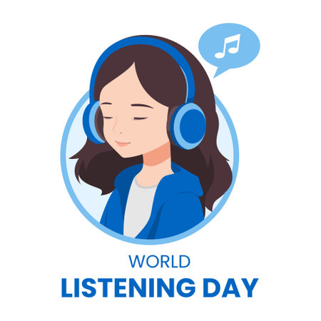 World Listening Day. Woman with headphones listening to music. Vector illustration.のイラスト素材