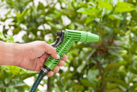 Water sprinkler gun for garden hose; Green plants background