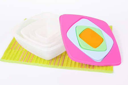 Set of plastic food containers; photo on white background.
