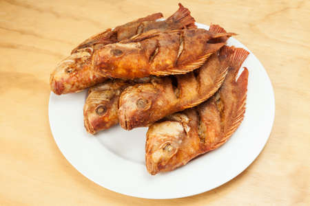 Tasty fried fish, tilapia on a white plate; photo on wooden background.