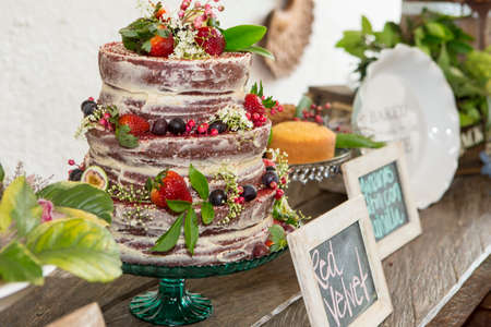 Tasty cake decorated for birthday, anniversary or wedding party.の写真素材
