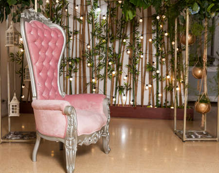 Space decorated with a chair and background lights; Set for taking photos in a social event.の写真素材
