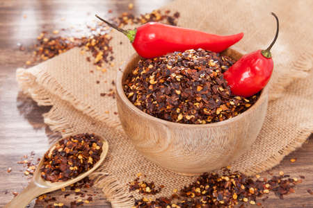 Crushed red cayenne pepper, dried chili and seeds