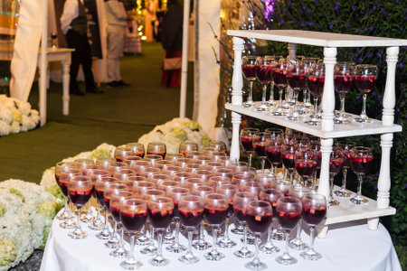 Social events reception; Table served with a welcome cocktail for the guests.