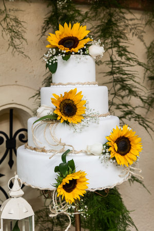 Social Event - Tasty Wedding Cake, Decorated With Sunflowersの写真素材