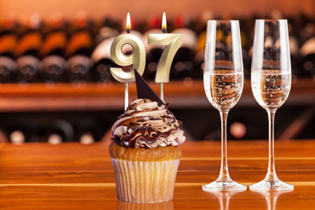 Cupcake With Number For Celebration Of Birthday Or Anniversary; Number 97.の写真素材