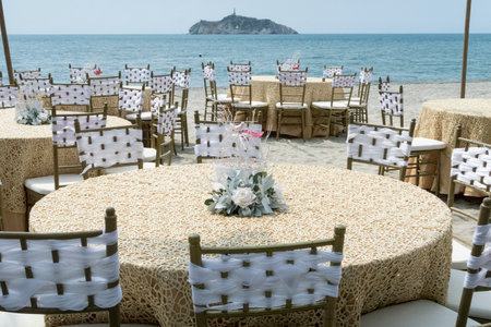 Decorated Tables For Outdoor Reception By The Sea.の写真素材