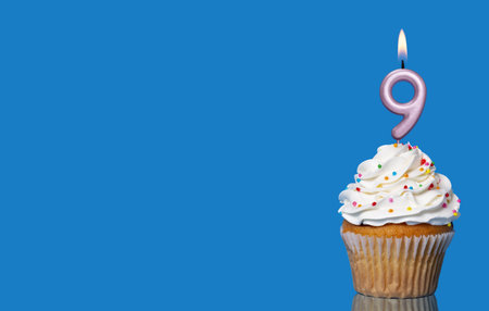 Birthday Cupcake With Candle Number 9 Lit - Photo On Blue Background