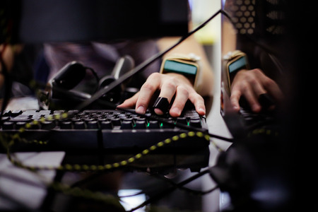 Man uses laptop for coding softwareの写真素材