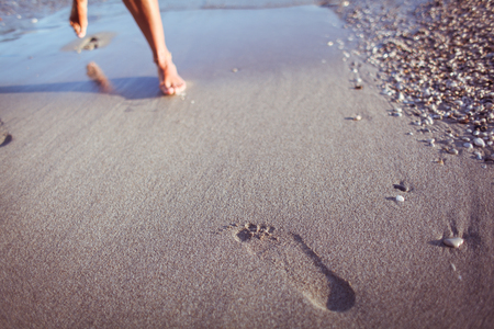 Feet of a young woman on the beach, near the waterの写真素材