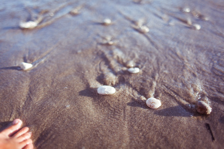 Feet of a young woman on the beach, near the waterの写真素材